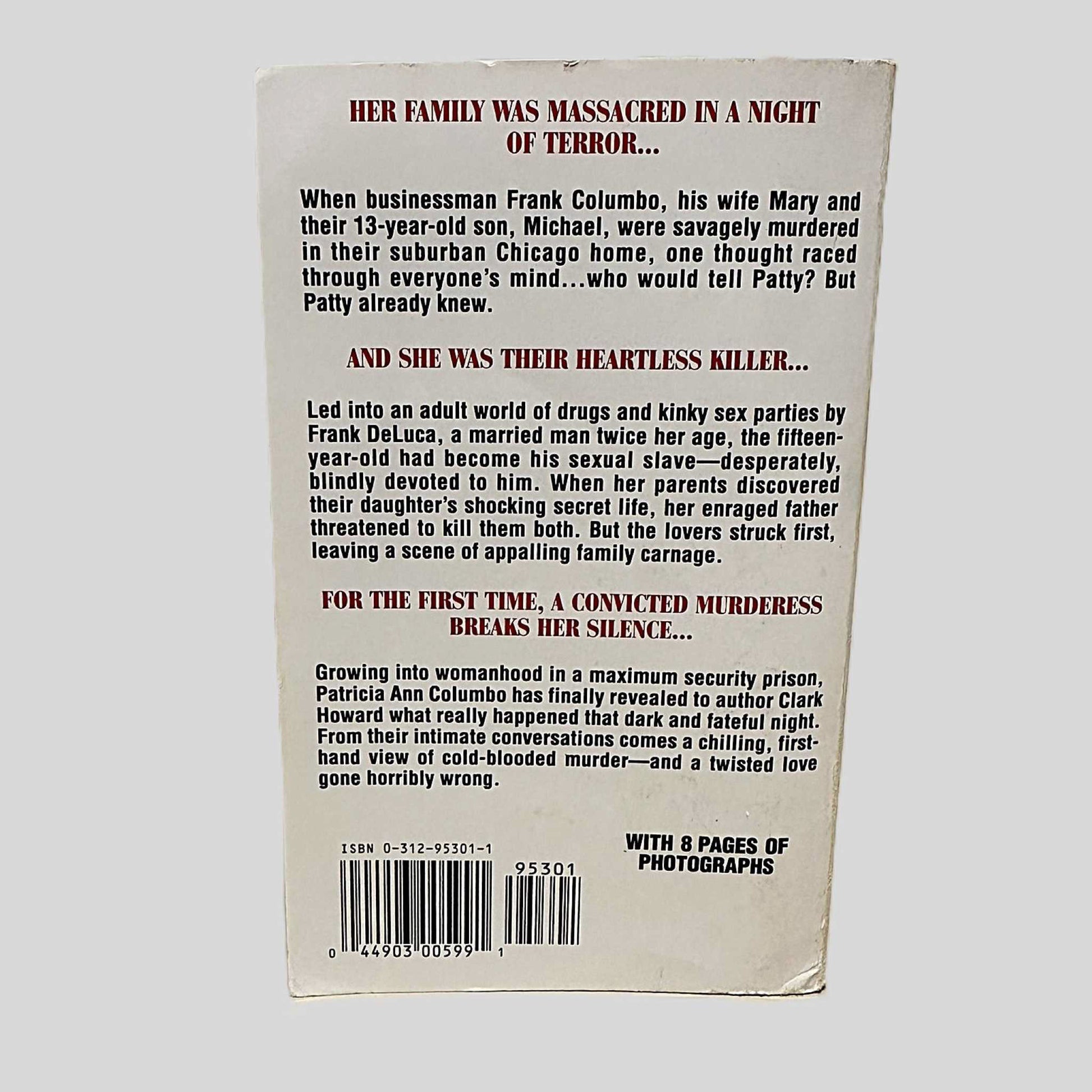 Back cover view of Love's Blood by Clark Howard centered on a neutral light gray background. Cover text states "With 8 Pages of Photographs" in the bottom corner.
