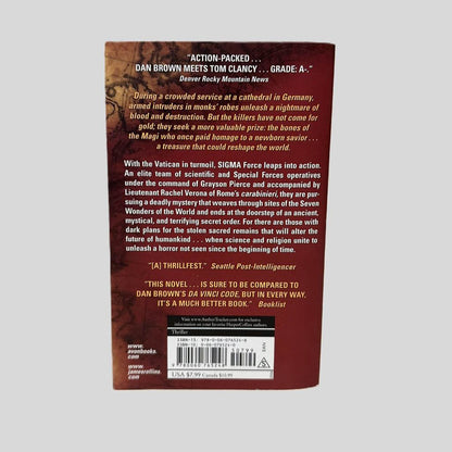 Back cover view of Map of Bones by James Rollins centered on a neutral light gray background. Back cover is in pristine condition.