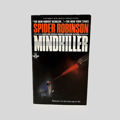 Front cover view of Mindkiller by Spider Robinson centered on a neutral light gray background. Minor chipping is present from age. Cover art is vibrant.