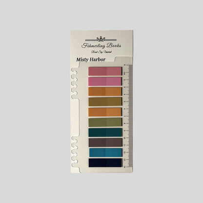 Fehmerling Books "Misty Harbor" book journaling tabs featuring dusty rose, moss green, and midnight navy notes on a notched ruler card.
