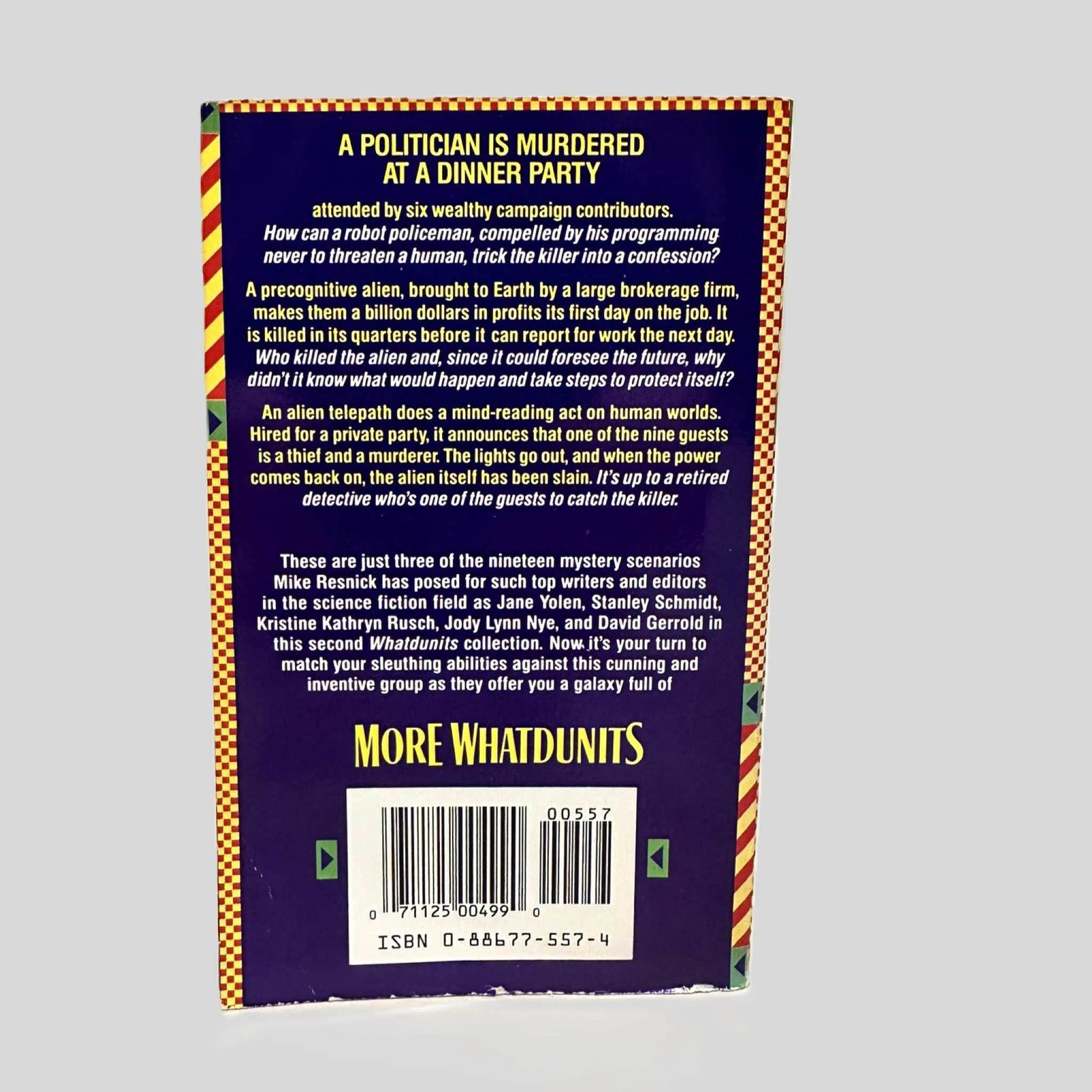 Back cover view of More Whatdunits by Mike Resnick ED centered on a neutral light gray background. Chipping along the bottom edge of the back cover.