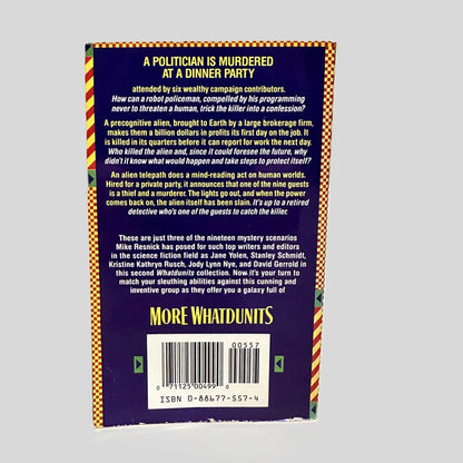 Back cover view of More Whatdunits by Mike Resnick ED centered on a neutral light gray background. Chipping along the bottom edge of the back cover.