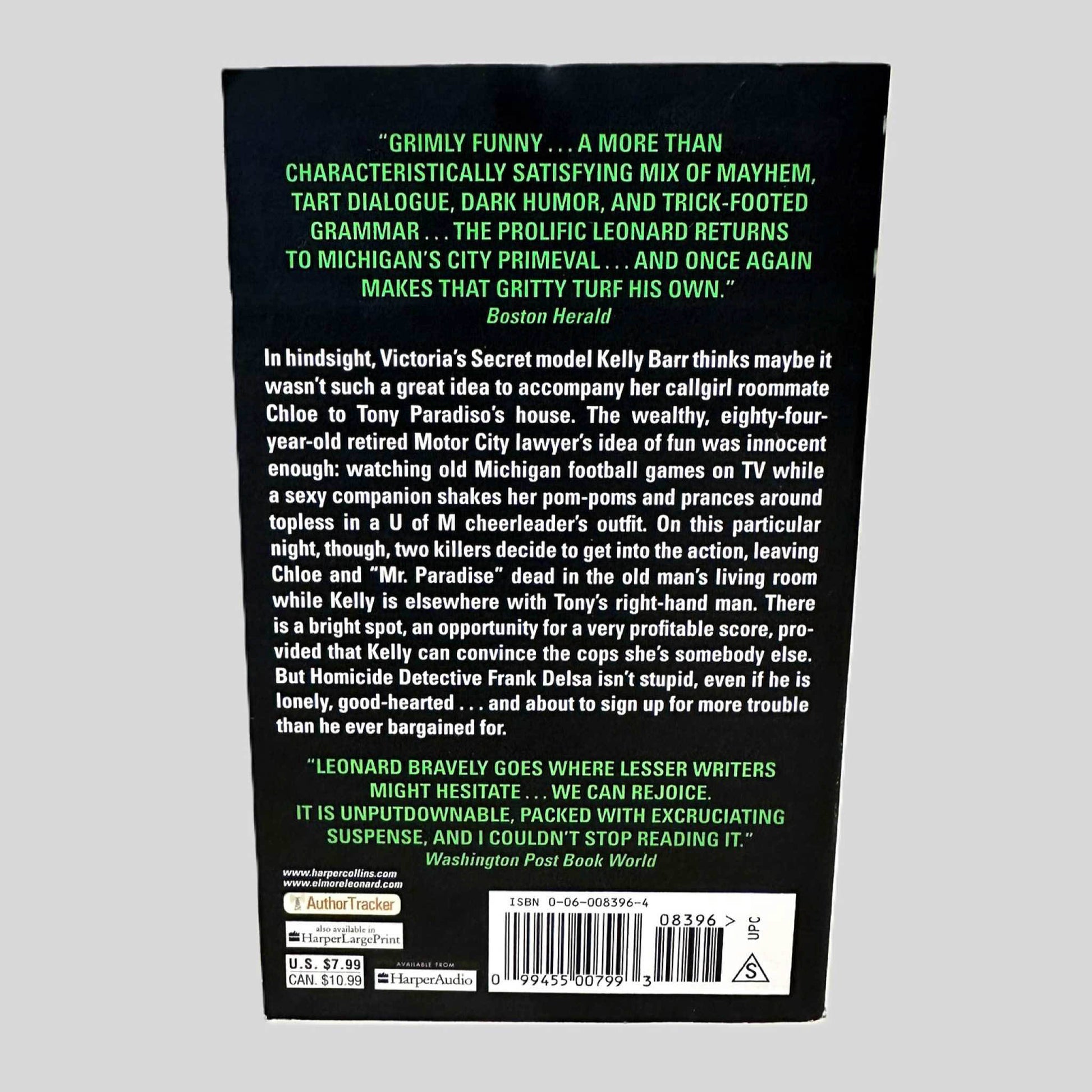 Back cover view of Mr. Paradise by Elmore Leonard centered on a neutral light gray background. 