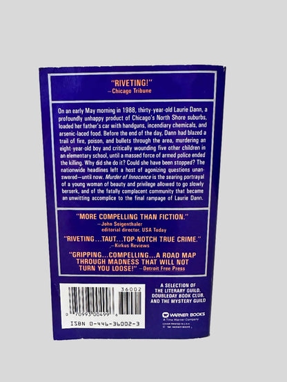 Back cover view of Murder of Innocence by Joel Kaplan, George Papajohn, & Eric Zorn centered on a neutral light gray background. 