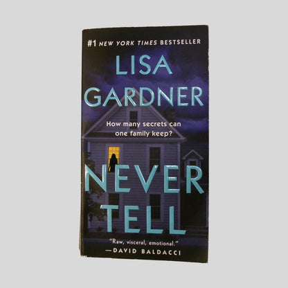 Front cover view of Never Tell by Lisa Gardner centered on a neutral light gray background. 