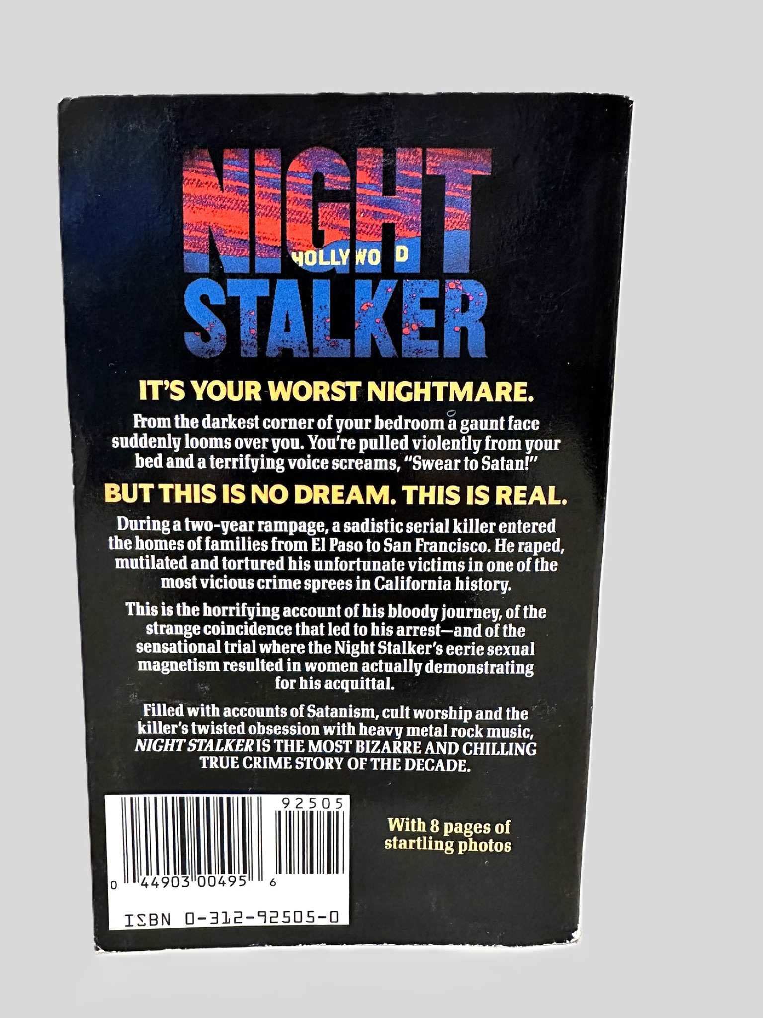 Back cover view of Night Stalker by Clifford L. Linedecker centered on a neutral light gray background. 