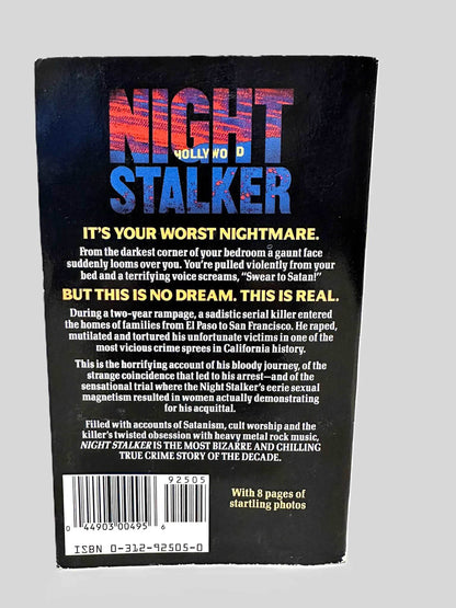 Back cover view of Night Stalker by Clifford L. Linedecker centered on a neutral light gray background. 