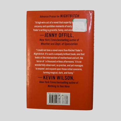 Back cover view of Nightbitch by Rachel Yoder centered on a neutral light gray background. Dust jacket is present and in great condition. Square sticker attached to the top right corner.