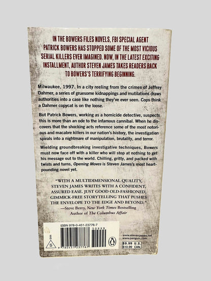 Back cover view of Opening Moves by Steven James centered on a neutral light gray background. Chipping present at the bottom spine corner on the back cover.