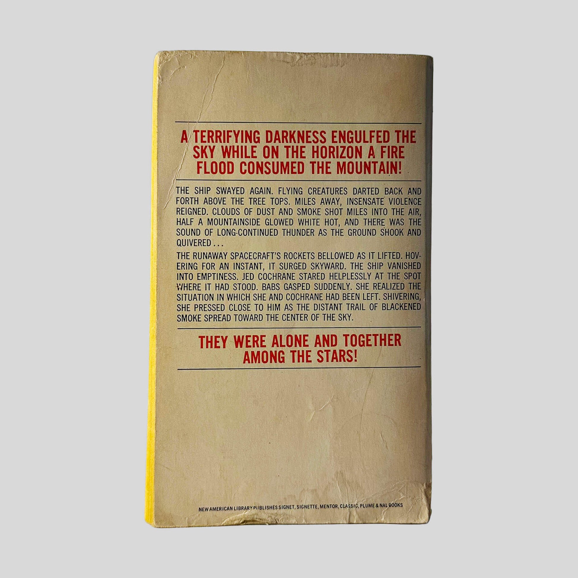Back cover view of Operation: Outer Space by Murray Leinster centered on a neutral light gray background. Significant chipping along the bottom and top edges. Water staining is also present along the bottom edge.