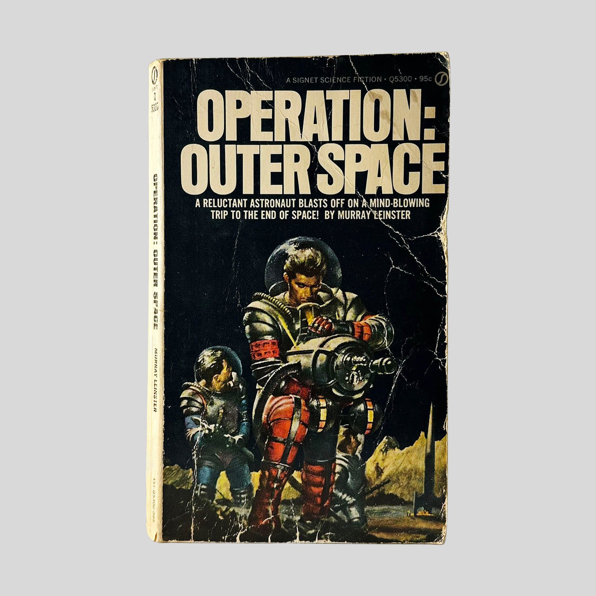 Front cover view of Operation: Outer Space by Murray Leinster centered on a neutral light gray background. Significant creasing and chipping around the edges and corners. Cover art is vibrant.