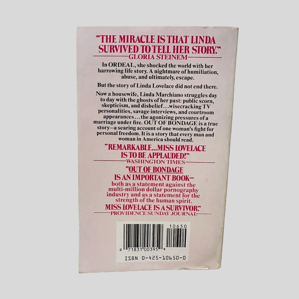 Back cover view of Out of Bondage by Linda Lovelace centered on a neutral light gray background. 