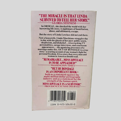 Back cover view of Out of Bondage by Linda Lovelace centered on a neutral light gray background. 