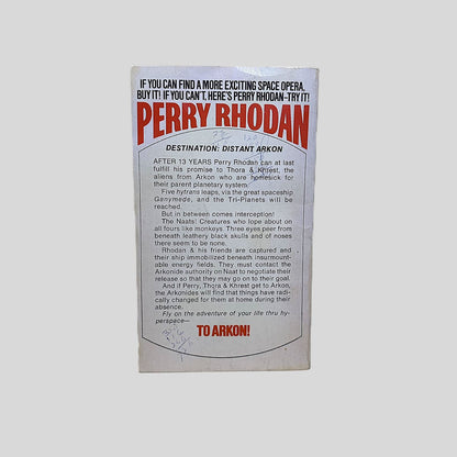 Back cover of the Perry Rhodan 30 paperback by Kurt Mahr. The weathered white background features bold red and black mid-century typography summarizing a high-stakes space adventure involving the "Naats" and "Tri-Planets." Pen markings on back cover. Includes the Ace SF logo and clear ISBN 9780441660131.