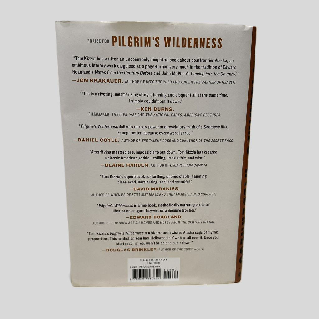 Back cover view of Pilgrim's Wilderness by Tom Kizzia centered on a neutral light gray background. 