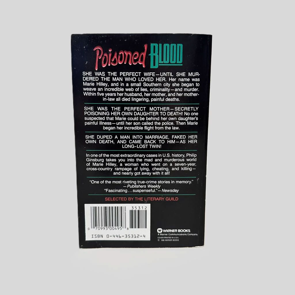 Back cover view of Poisoned Blood by Philip Ginsburg centered on a neutral light gray background. 