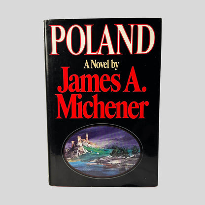 Front cover view of Poland A Novel by James A. Michener centered on a neutral light gray background. Dust jacket is present. Minor chip in the top left corner near the spine. Colors are vibrant.