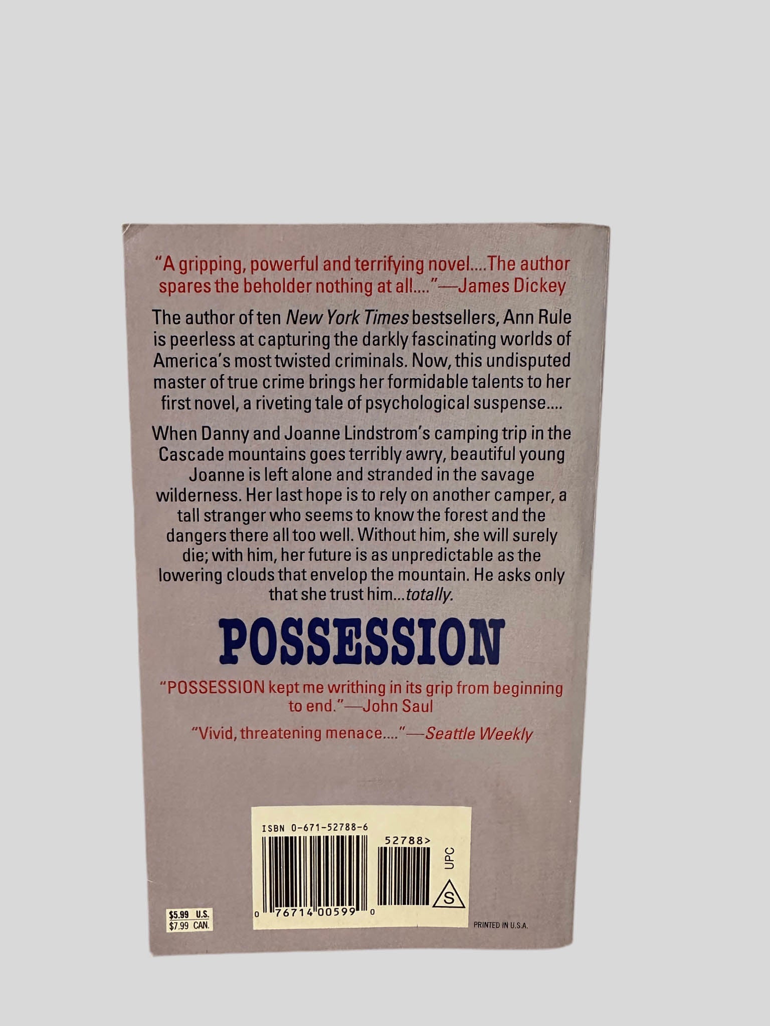 Back cover view of Possession by Ann Rule centered on a neutral light gray background. 