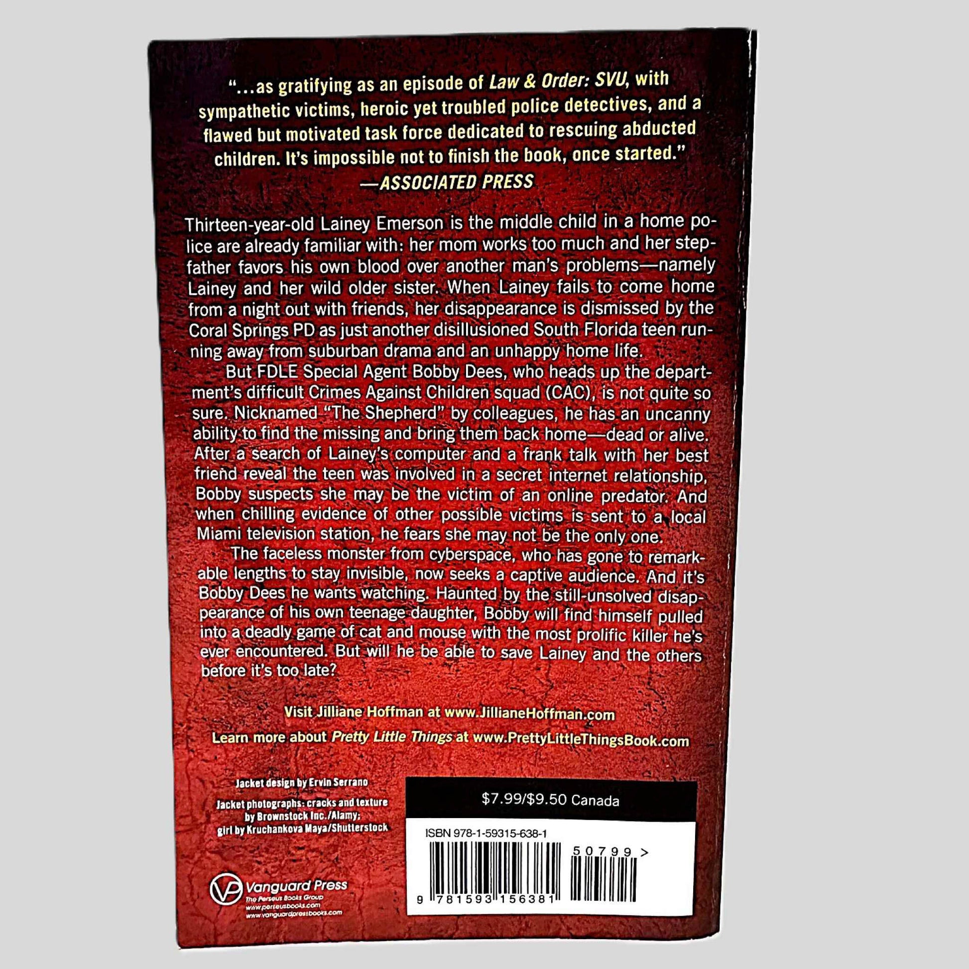 Back cover view of Pretty Little Things by Jilliane Hoffman centered on a neutral light gray background. 