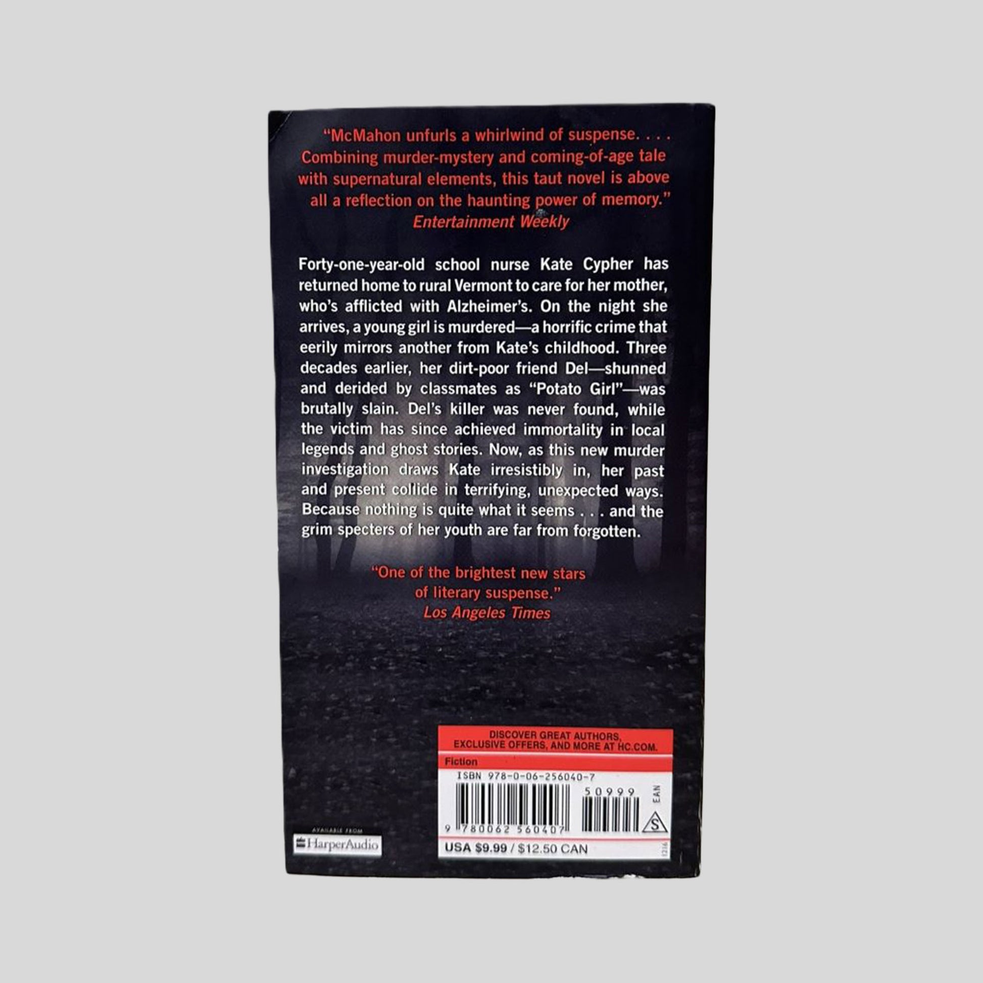 Back cover view of Promise Not To Tell by Jennifer McMahon centered on a neutral light gray background. 