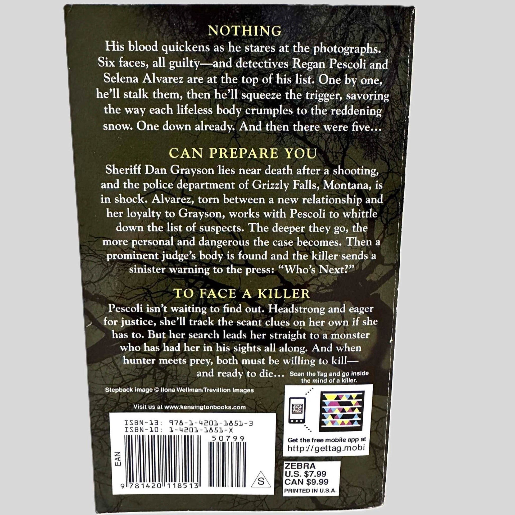 Back cover view of Ready to Die by Lisa Jackson centered on a neutral light gray background. 
