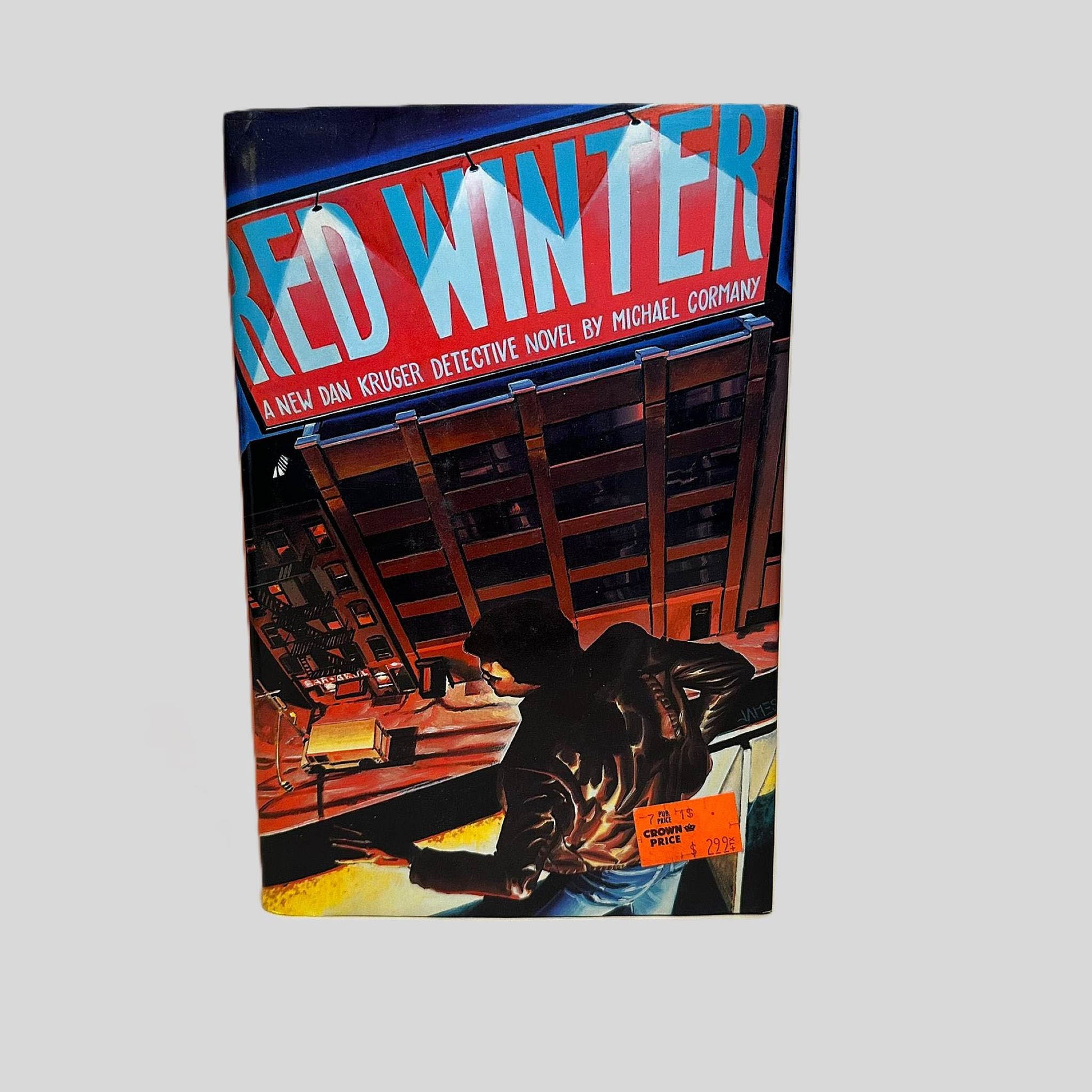 Front cover view of Red Winter by Michael Cormany centered on a neutral light gray background. Dust jacket is present and undamaged. Old rectangle pricing sticker in the lower right corner.