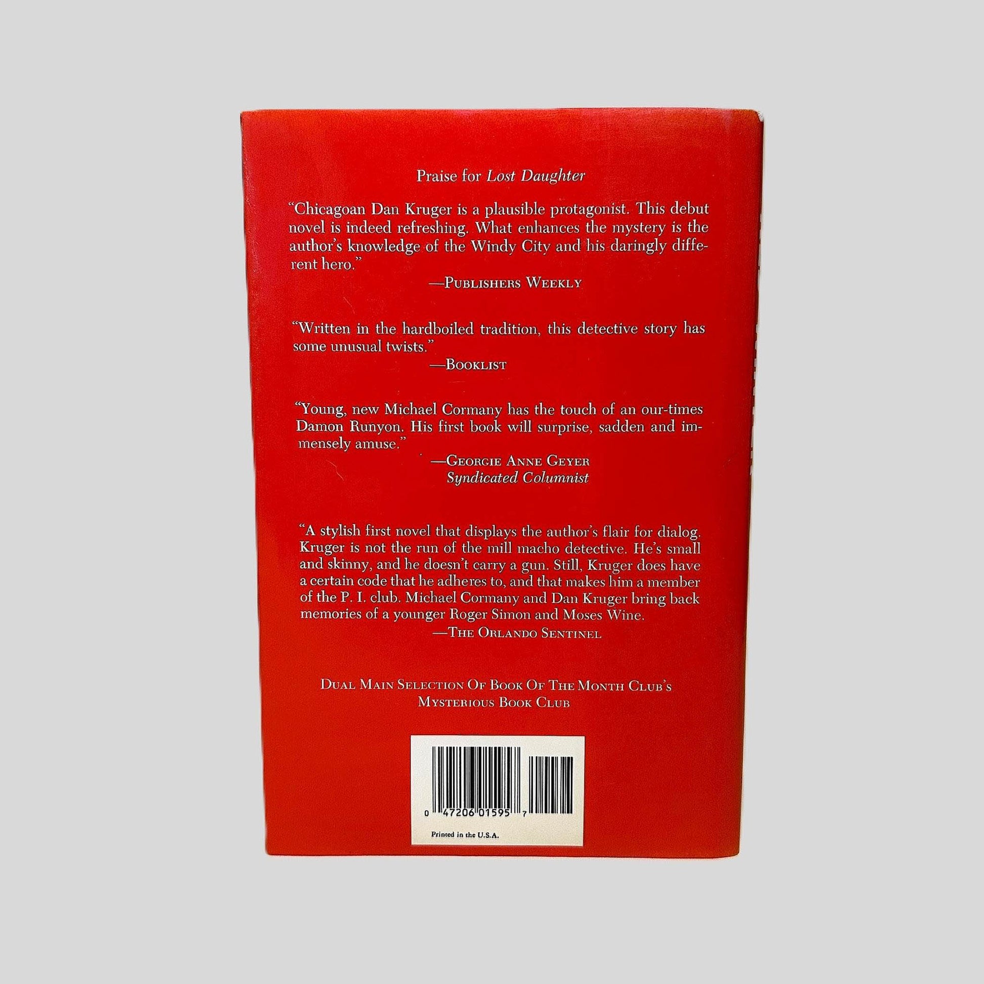 Back cover view of Red Winter by Michael Cormany centered on a neutral light gray background. Dust jacket is present and undamaged.