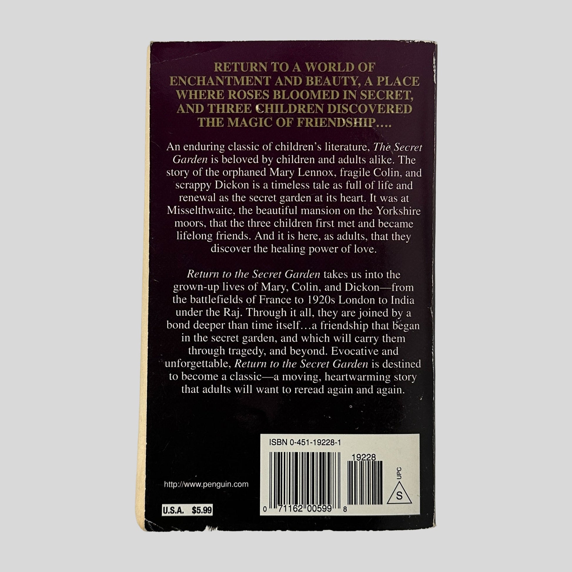The dark purple back cover of the book, featuring gold and white text that describes the adult lives of Mary, Colin, and Dickon.
