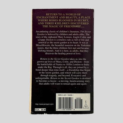 The dark purple back cover of the book, featuring gold and white text that describes the adult lives of Mary, Colin, and Dickon.