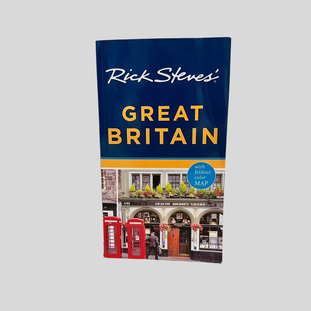 Front cover view of Rick Steves Great Britain 20th Edition centered on a neutral light gray background. 