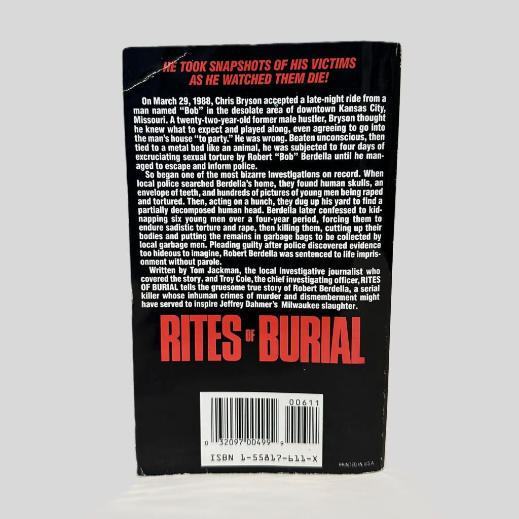 Back cover view of Rites of Burial by Tom Jackman & Troy Cole centered on a neutral light gray background. 