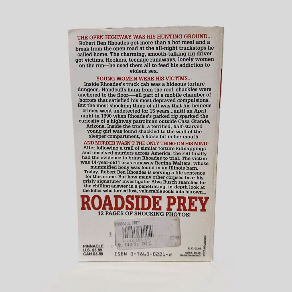 Back cover view of Roadside Prey by Alva Busch centered on a neutral light gray background. 