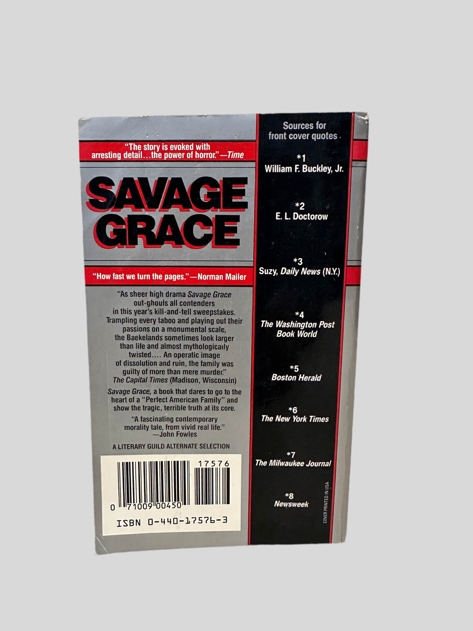 Back cover view of Savage Grace by Natalie Robins & Steven M. L. Aronson centered on a neutral light gray background. 