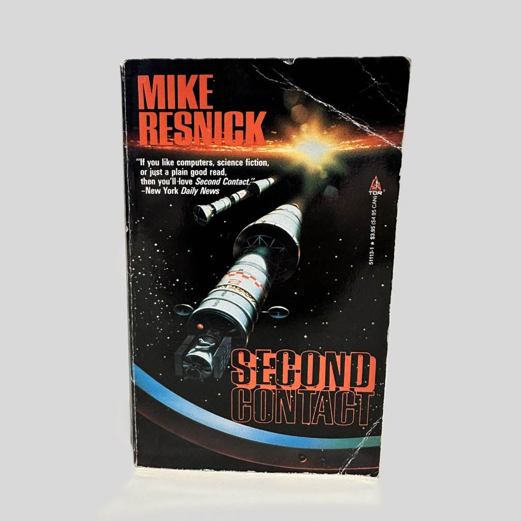 Front cover view of Second Contact by Mike Resnick centered on a neutral light gray background. Creasing on the top and bottom right corners.