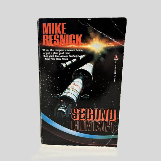 Front cover view of Second Contact by Mike Resnick centered on a neutral light gray background. Creasing on the top and bottom right corners.
