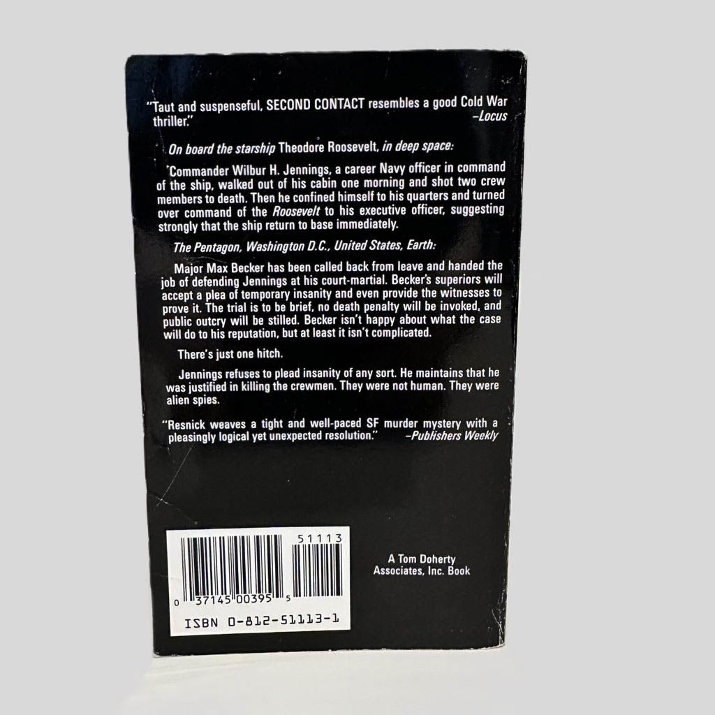Back cover view of Second Contact by Mike Resnick centered on a neutral light gray background. 