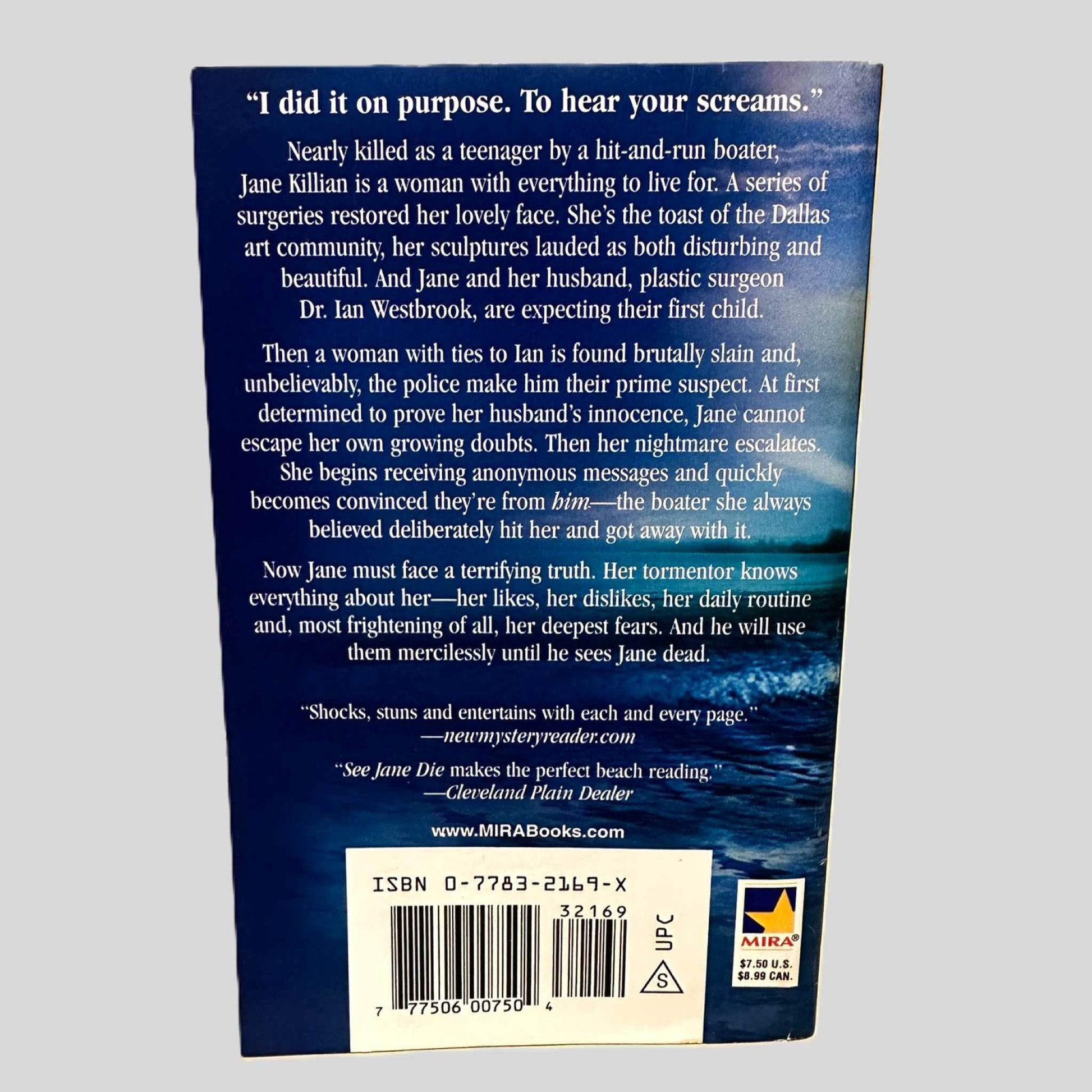 Back cover view of See Jane Die by Erica Spindler centered on a neutral light gray background. 