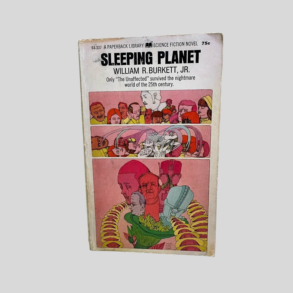 Front cover view of Sleeping Planet by William R. Burkett, Jr. centered on a neutral light gray background. Chipping along the top edge. Normal wear from age.