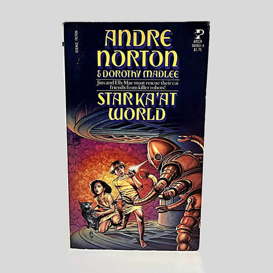 Front cover view of Star Ka'at World by Andre Norton & Dorothy Madlee centered on a neutral light gray background. Minimal chipping to corners. Cover art is vibrant.