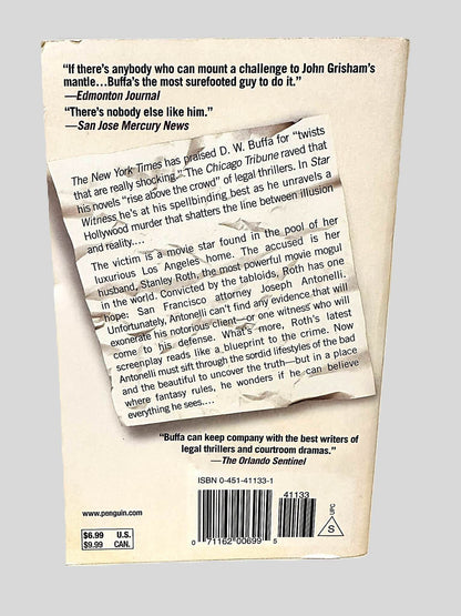Back cover view of Star Witness by D.W. Buffa centered on a neutral light gray background. Minimal chipping on top left corner.