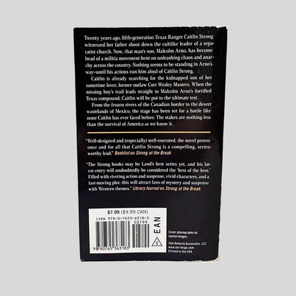 Back cover view of Strong at the Break by Jon Land centered on a neutral light gray background. 