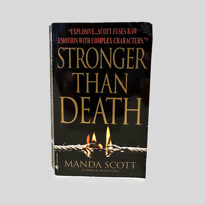 Front cover view of Stronger Than Death by Manda Scott centered on a neutral light gray background. Top right corner shows bumping and creasing.