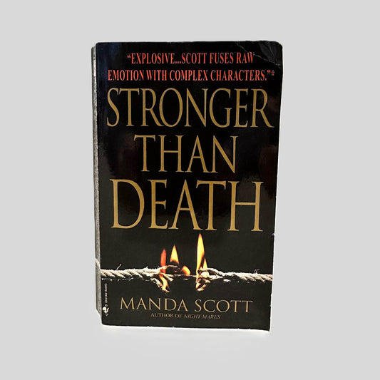 Front cover view of Stronger Than Death by Manda Scott centered on a neutral light gray background. Top right corner shows bumping and creasing.