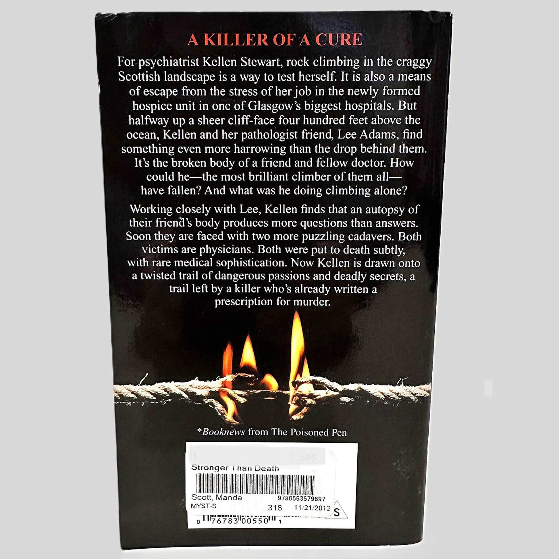 Back cover view of Stronger Than Death by Manda Scott centered on a neutral light gray background. 