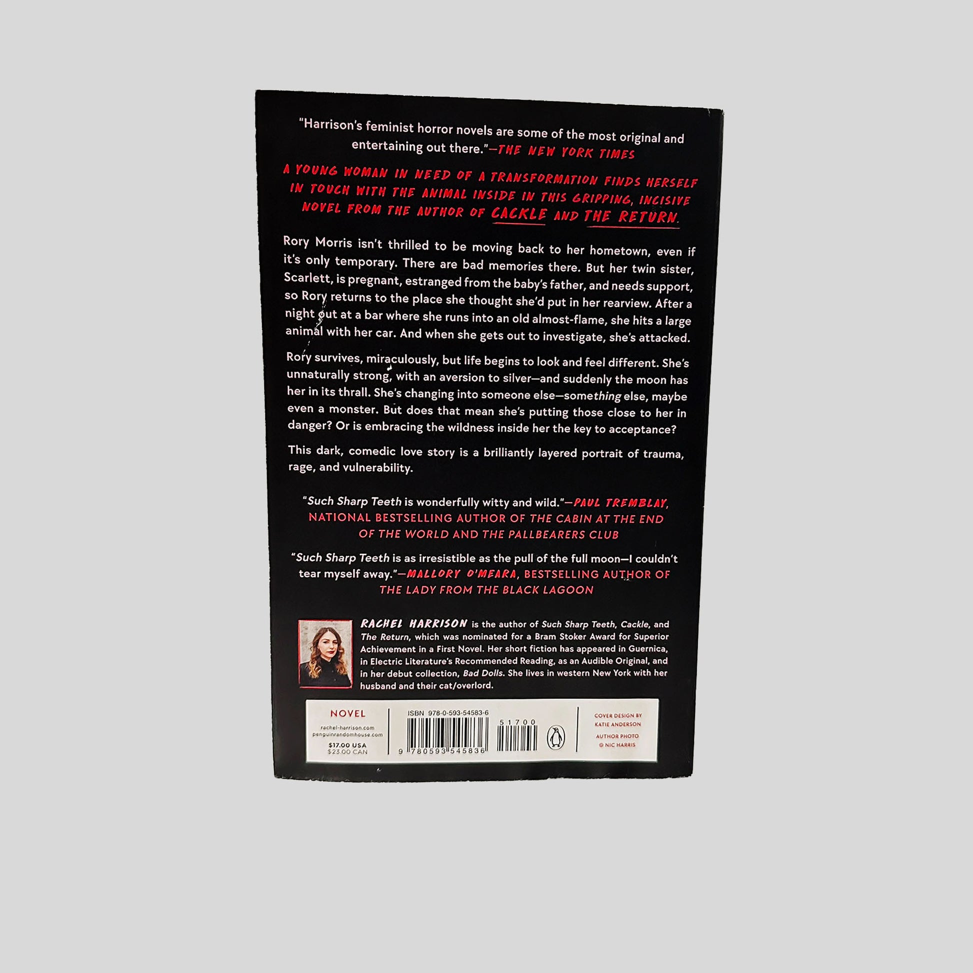 Back cover view of Such Sharp Teeth by Rachel Harrison centered on a neutral light gray background. 