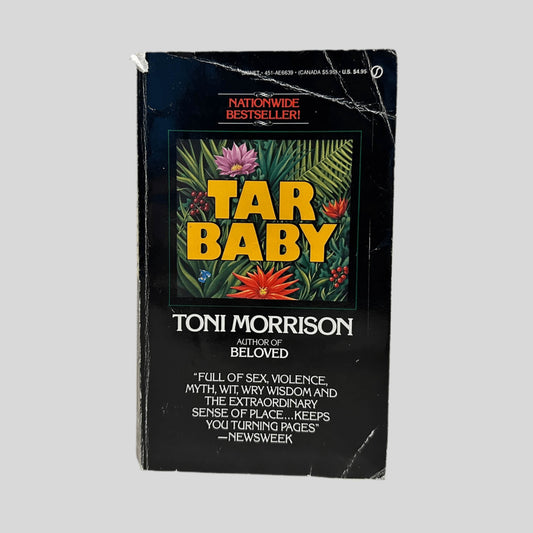 Front cover view of Tar Baby by Toni Morrison centered on a neutral light gray background. Chipping at the top corner of spine, creasing and chipping around the edges of the front cover.