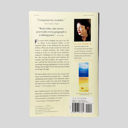 Back cover view of The Almost Moon by Alice Sebold centered on a neutral light gray background.