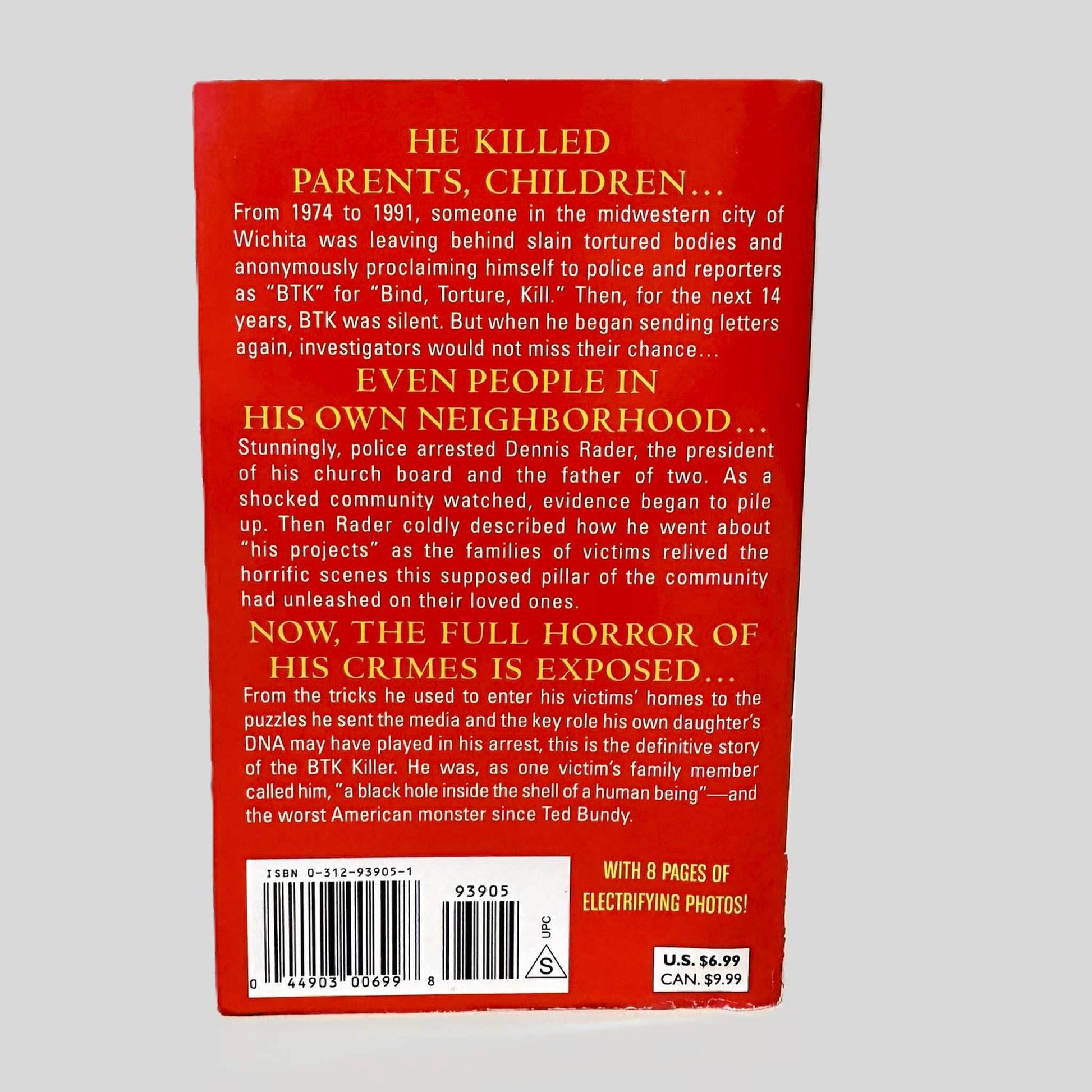 Back cover view of The BTK Murders by Carlton Smith centered on a neutral light gray background. 