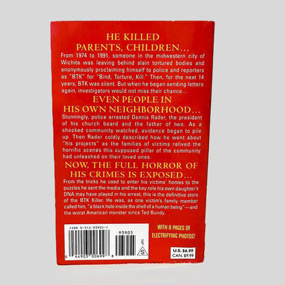 Back cover view of The BTK Murders by Carlton Smith centered on a neutral light gray background. 