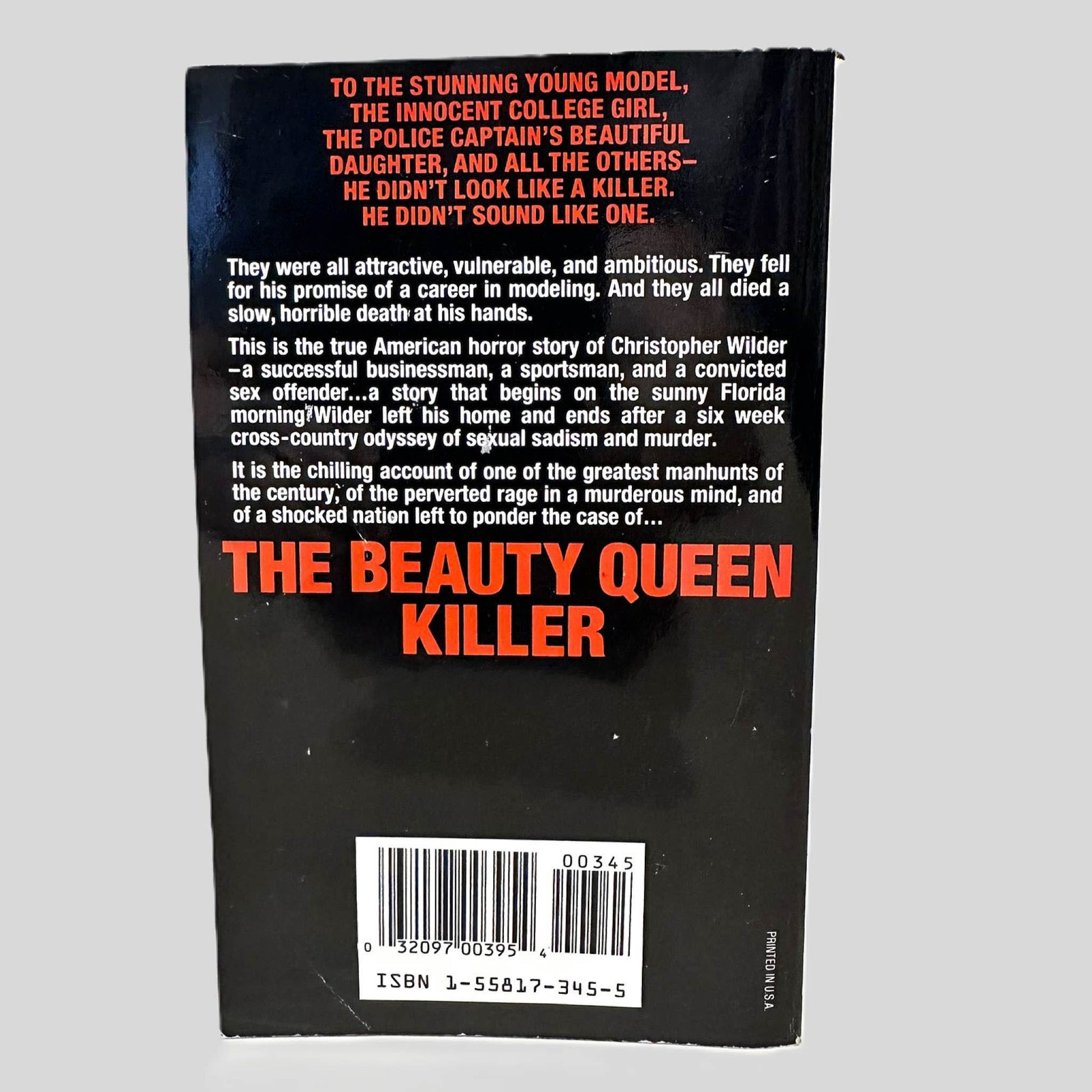 Back cover view of The Beauty Queen Killer by Bruce Gibney centered on a neutral light gray background. 